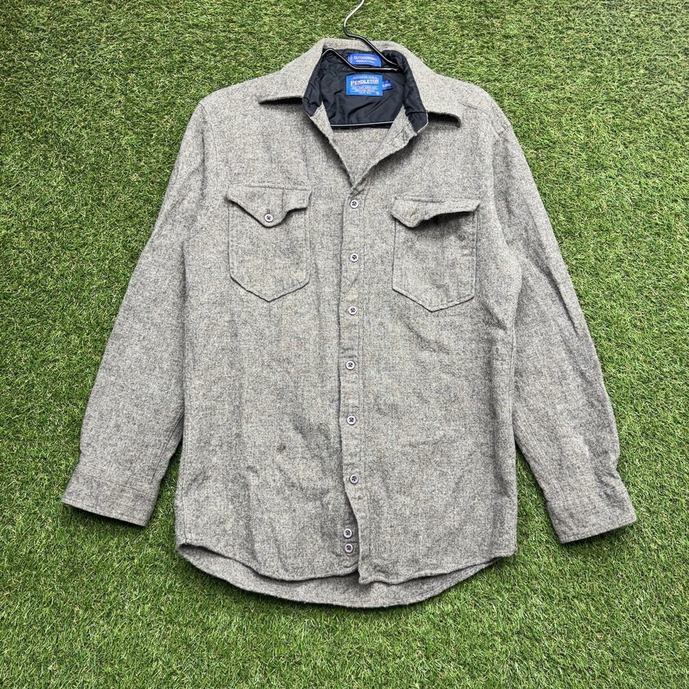 Pendleton Flannel Shirt Mens Medium Long Button Up Plaid Wool Gray Outdoorsmen